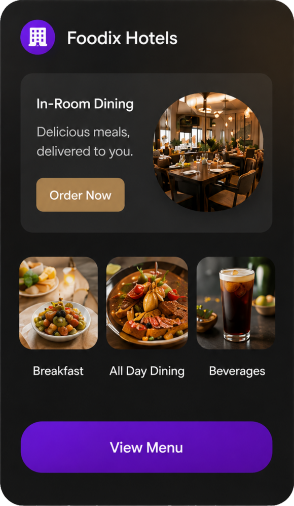 Foodix Hotels in-room dining screen.