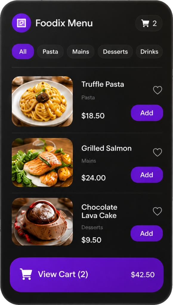 Foodix QR menu showing dishes with photos and prices.