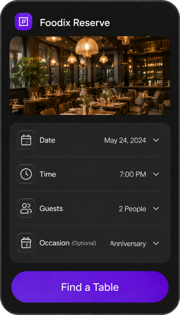 Foodix Reserve screen with date, time and party size.